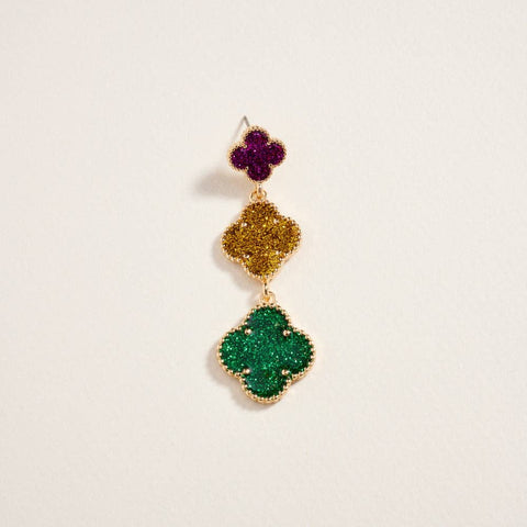 Glitter Mardi Gras Clover Link Drop Post Earrings