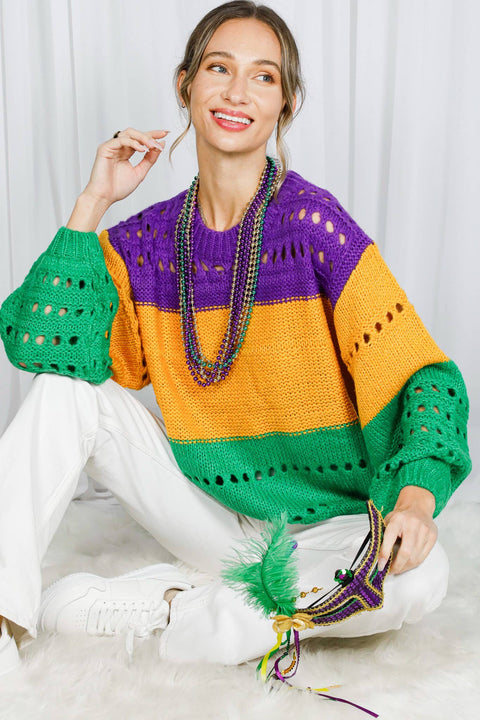 Color Block Mardi Gras Open-Knit Crochet Sweater