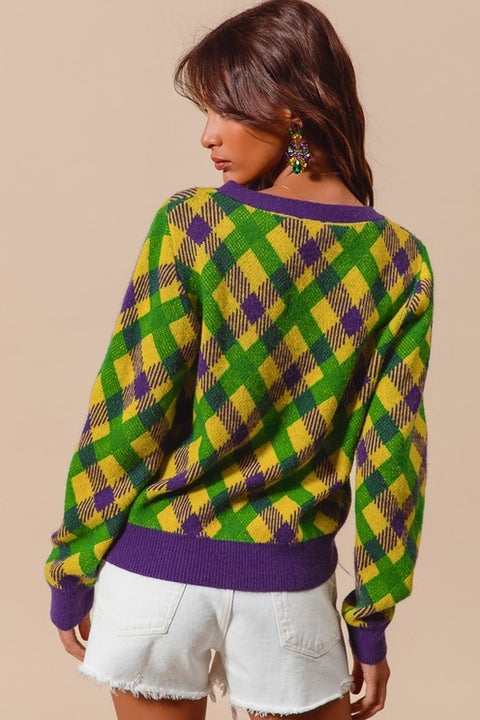 Mardi Gras Checker Button Up Sweater Cardigan