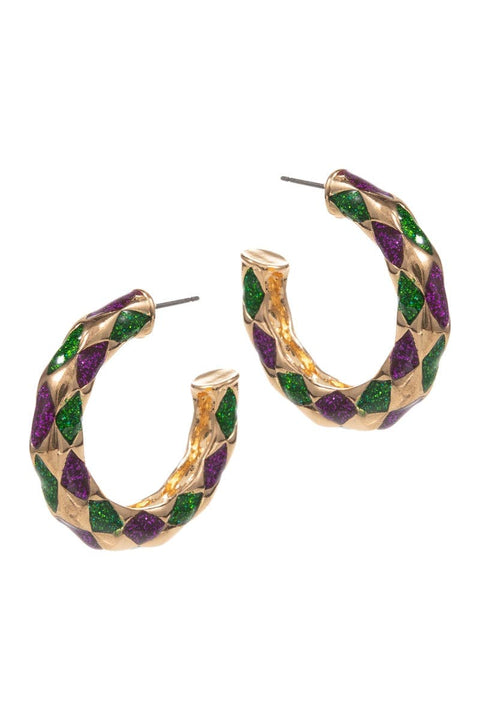 Round Check Pattern Mardi Gras Color Hoop Earrings