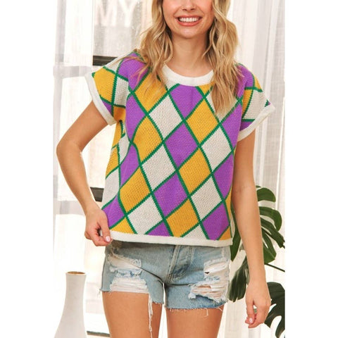 Mardi Gras Short Sleeve Diamond Checker Sweater