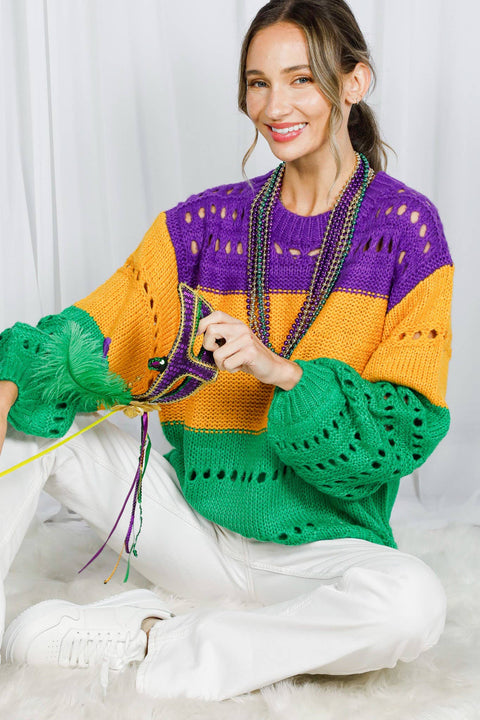 Color Block Mardi Gras Open-Knit Crochet Sweater