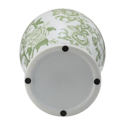 14 in. Green/White Bird and Flower Temple Chinoiserie Jar - 318 Art & Frame