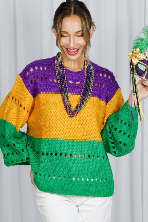 Color Block Mardi Gras Open-Knit Crochet Sweater