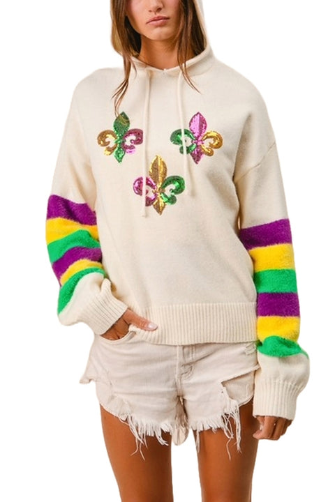 Mardi Gras Stripes Sleeve Sequin Sweater