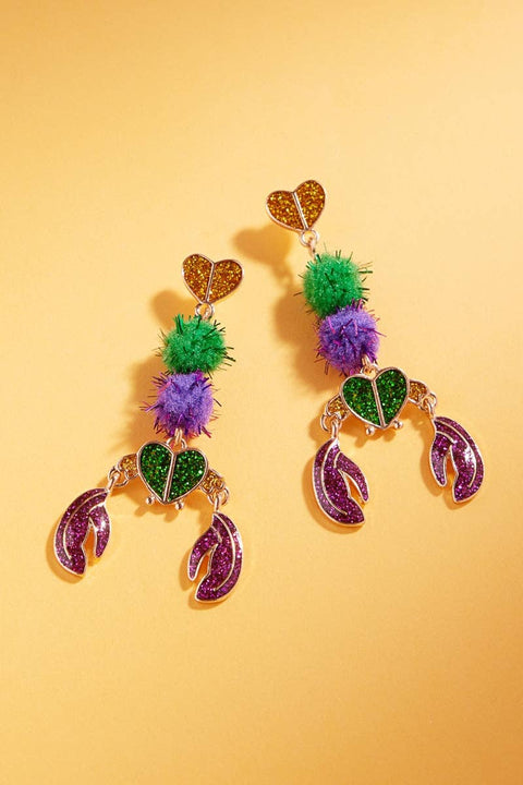Crawfish Mardi Gras Pompom Enamel Post Earrings