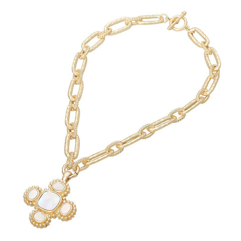 14K Gold Plated Matte Mother of Pearl Quatrefoil Pendant Chunky Toggle Necklace - 318 Art & Frame