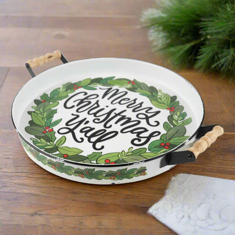 Merry Christmas Y'all Wreath Enamel Tray