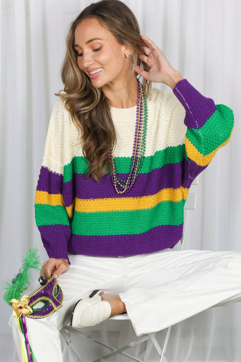 Mardi Gras Multi Color Block Waffle Textured Sweater