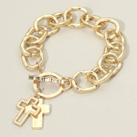 Hammered Layered Cross Charm Chunky Chain Toggle Bracelet - 318 Art & Frame