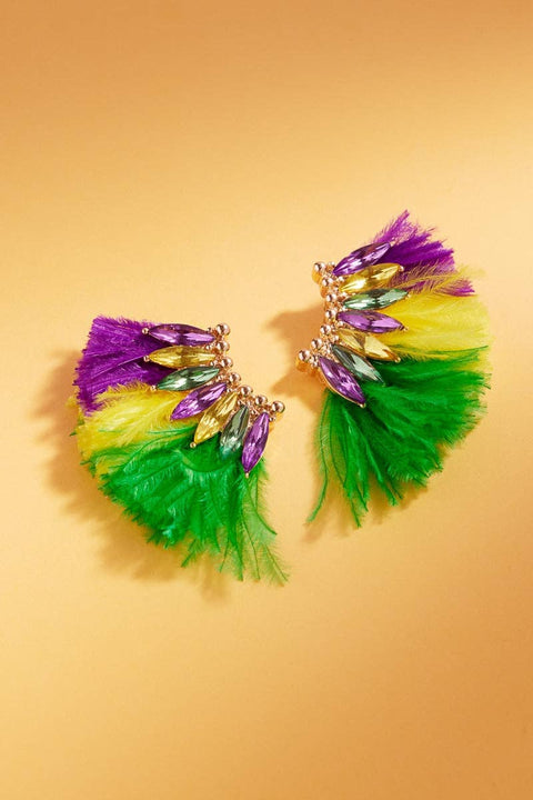 Wing Mardi Gras Feather Stones Post Earrings