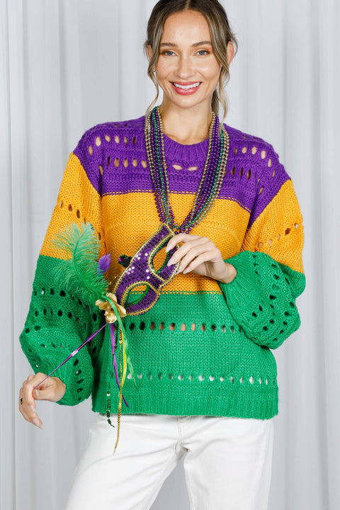 Color Block Mardi Gras Open-Knit Crochet Sweater