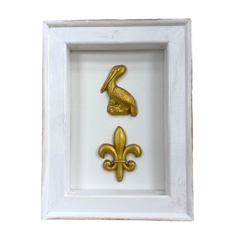 Ceramic Gold Fleur de Lis and Pelican in Open Frame 9x12