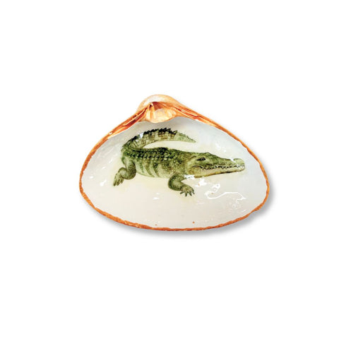 Decoupage clam shell dish with a green alligator and gilded rim by Melissa Fouts