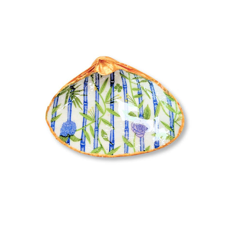Decoupage clam shell dish with blue bamboo chinoiserie pattern and gilded rim by Melissa Fouts