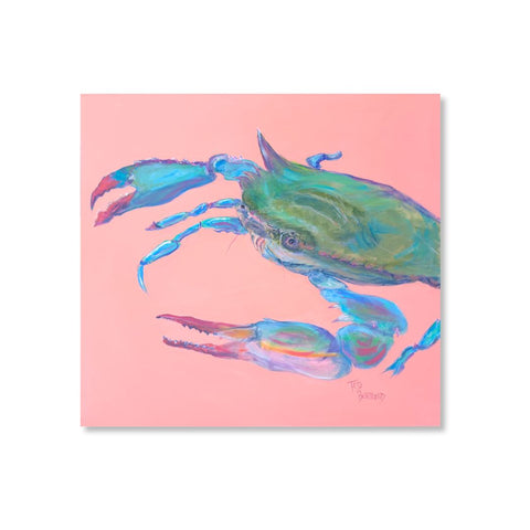 Blue Claw, a 30x30 acrylic painting by Ted Bertrand of a turquoise and green Louisiana blue crab on a coral background