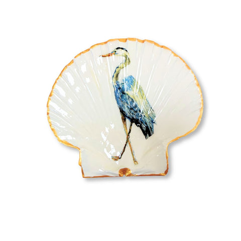 Large decoupage Irish flat shell dish with a standing blue heron on cream and gilded edge by Melissa Fouts