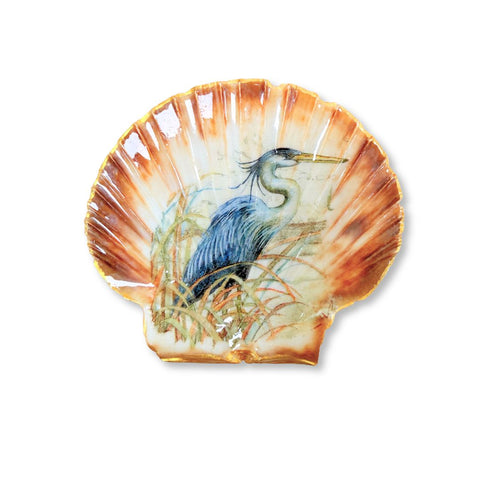 Large decoupage Irish flat shell dish with a blue heron in marsh reeds and rust fluted rim by Melissa Fouts
