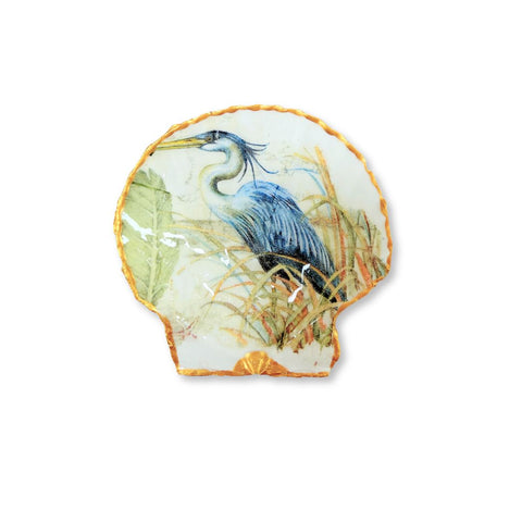 Large decoupage scallop shell dish with a blue heron among sage reeds and gilded edge by Melissa Fouts