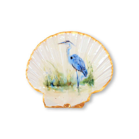 Decoupage Irish flat shell dish with a blue heron in green marsh grass and a scalloped gold rim by Melissa Fouts.