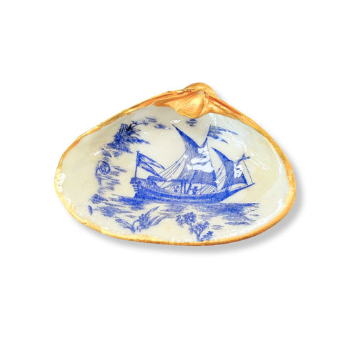 Decoupage clam shell dish with blue and white toile sailboat and gilded rim by Melissa Fouts