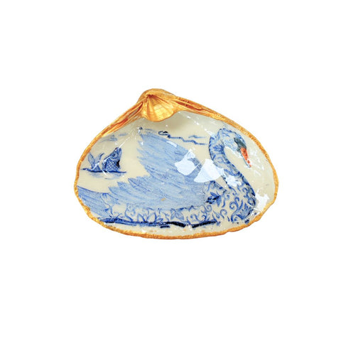 Decoupage clam shell dish with blue and white toile swan and gilded rim by Melissa Fouts