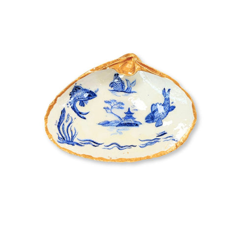 Decoupage clam shell dish with blue and white koi and pagoda chinoiserie and gilded rim by Melissa Fouts