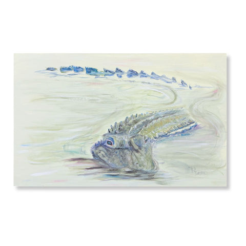 Breaking the Surface, a 24x36 acrylic painting by Ted Bertrand of an alligator rising through soft green-gray water