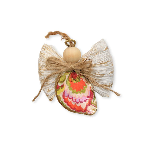 Oyster shell angel ornament with coral and green marbled paisley decoupage, gold-brushed paper wings and jute bow by Candace Rhymes