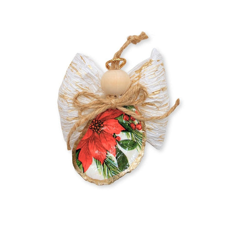Oyster shell angel ornament with red poinsettia and holly decoupage, gold-brushed paper wings and jute bow by Candace Rhymes