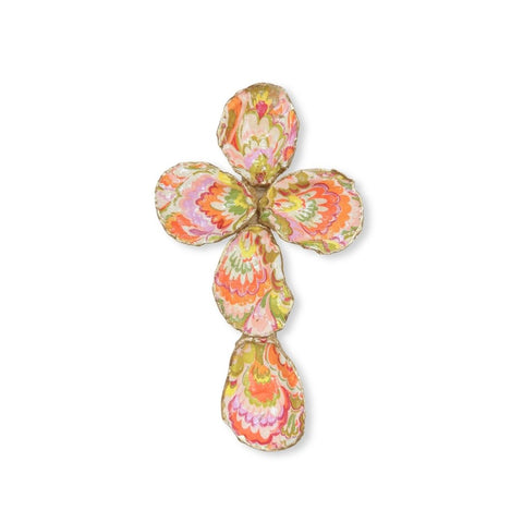 Decoupage oyster cross with pink, orange and green marbled paisley on five gilded oyster shells by Candace Rhymes