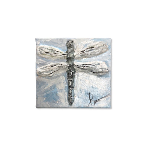 Sculpted dragonfly on blue and white 6x6 canvas, paper mache art by Annie Aymond