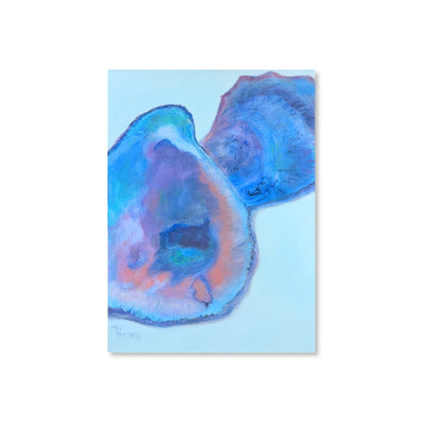From the Water, a 24x36 acrylic painting by Ted Bertrand of two oversized oyster shells in blue, violet and coral on pale blue