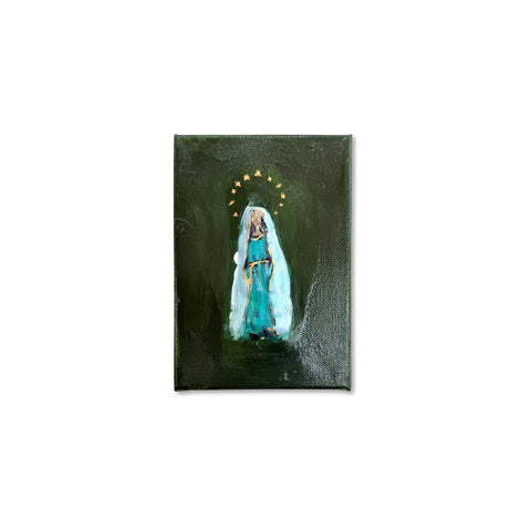 Blessed Mother in teal mantle with gold stars on green 4x6 canvas, paper mache art by Annie Aymond