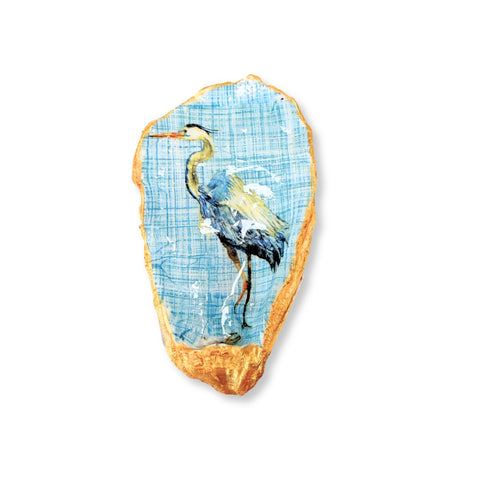 Decoupage oyster shell dish with a great blue heron on pale blue and gilded edge by Melissa Fouts