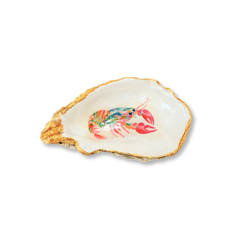 Decoupage oyster shell dish with a watercolor crawfish and gilded edge by Melissa Fouts