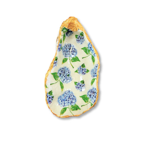 Decoupage oyster shell dish with blue hydrangeas and gilded edge by Melissa Fouts