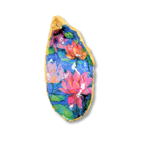 Decoupage oyster shell dish with pink lotus blossoms on blue water and gilded edge by Melissa Fouts