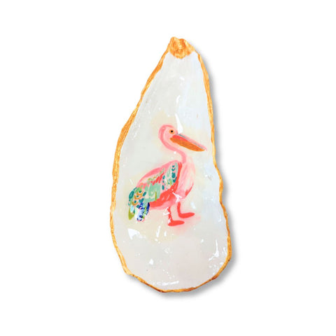 Decoupage oyster shell dish with a watercolor pelican and gilded edge by Melissa Fouts