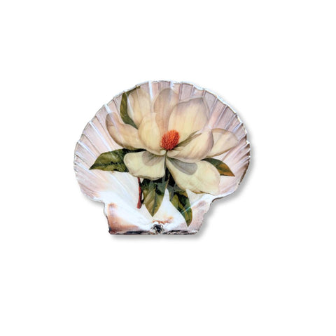 Decoupage Irish flat shell dish with a white magnolia bloom and silver accents by Melissa Fouts.