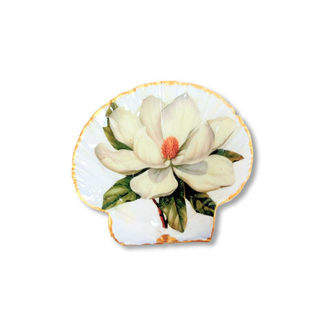 Large decoupage scallop shell dish with a white magnolia blossom and gilded edge by Melissa Fouts