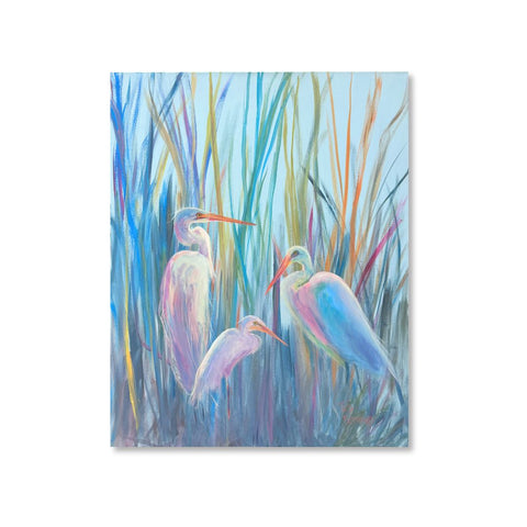 Marsh Gathering, a 30x40 acrylic painting by Ted Bertrand of three white egrets among tall blue and rust marsh grasses