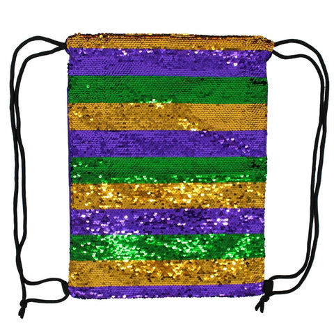 Purple, Green and Gold Reversible Striped Sequin Drawstring Bag