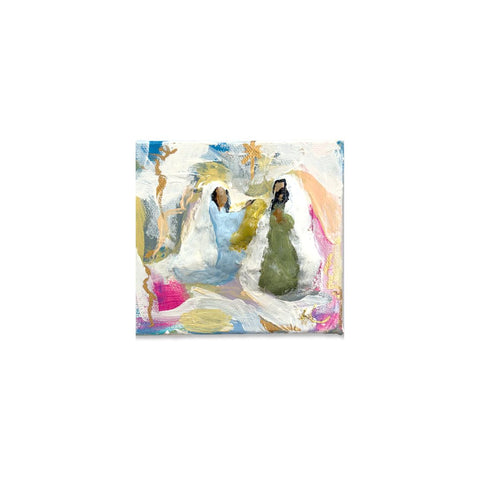 Colorful nativity in pink, blue and gold on 4x4 canvas, paper mache art by Annie Aymond