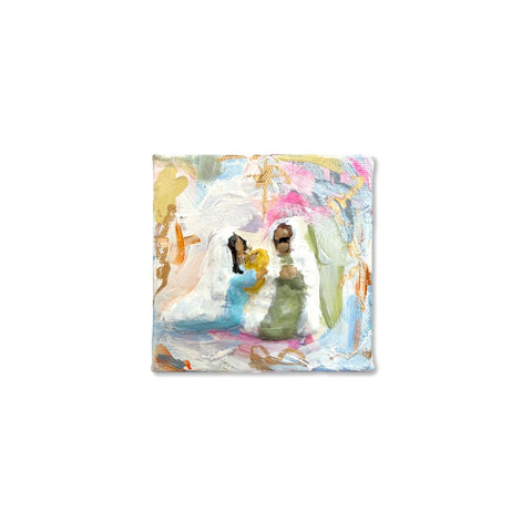 Colorful nativity with gold star on 4x4 canvas, paper mache art by Annie Aymond