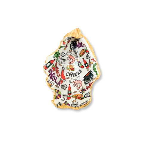 Decoupage oyster shell dish with New Orleans food and culture motifs and gilded edge by Melissa Fouts