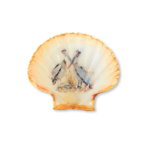 Decoupage scallop shell dish with two brown pelicans and a gilded rim by Melissa Fouts.