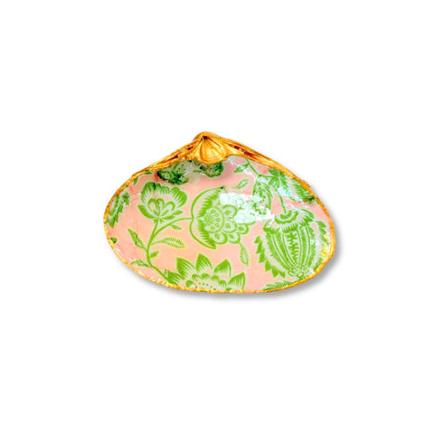 Decoupage clam shell dish with green block print florals on pink and gilded rim by Melissa Fouts