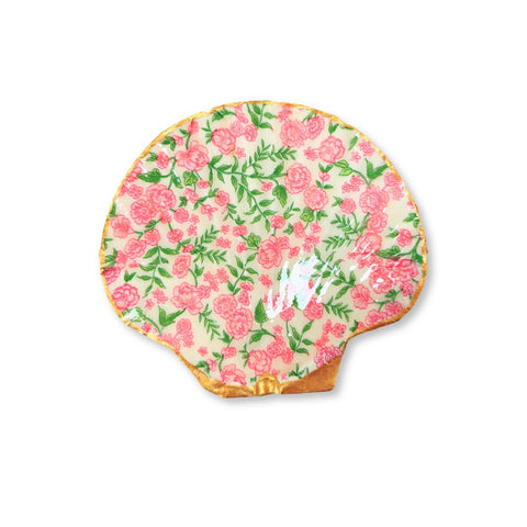 Large decoupage scallop shell dish with pink rose chintz pattern and gilded edge by Melissa Fouts