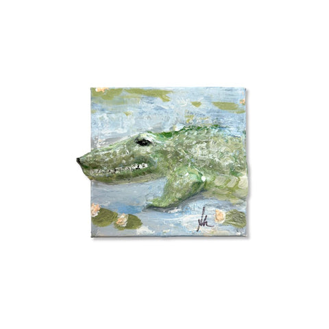 Alligator in a lily-pad pond on 6x6 canvas, paper mache art by Annie Aymond